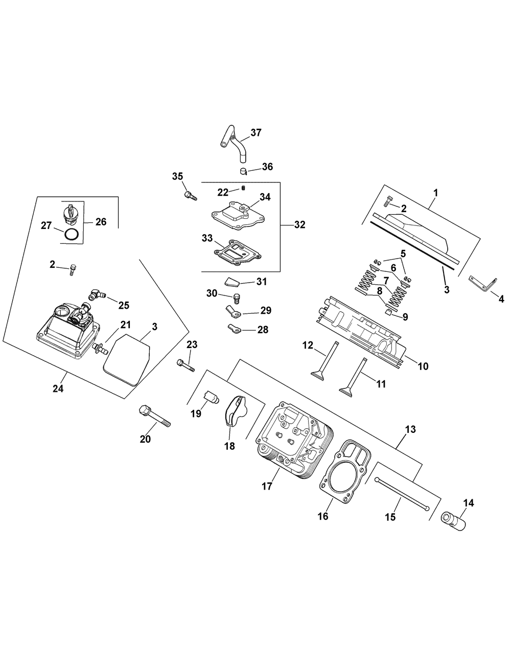 Kohler Engine Head, Valve And Breather Diagram and Parts List for 46F 4X4-1I018G-1I019G-37ACH010 Cub Cadet Lawn Tractor Accessories